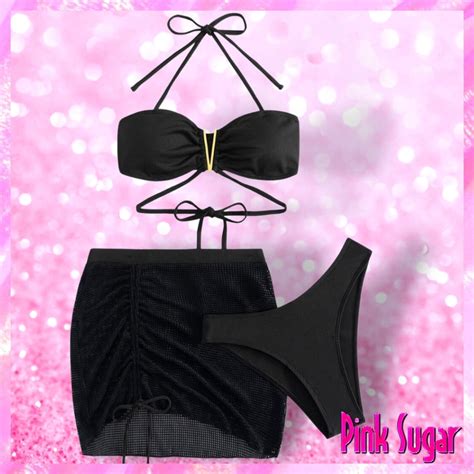 N Mokulua Piece Ribbed V Bar Bikini Black Pink Sugar
