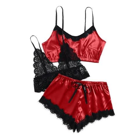 Ensemble Brassiere Et Shorty Nouvelle Lingerie Sexy En Dentelle En Soie De Nuit En Satin Rouge