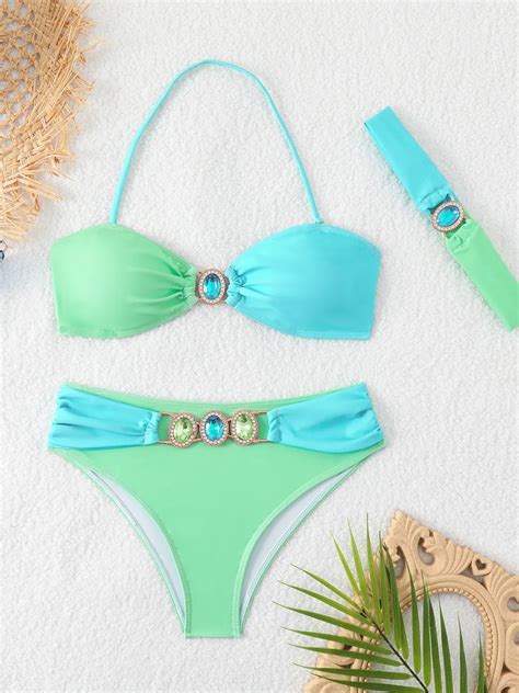 Sexy Rhinestones Bikini 2024 Green Contrast Push Up Diamond Band 3 Piece Swimsuit Beach Bathing