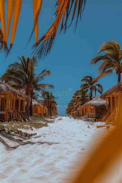 A Sandy Beach Lined With Palm Trees And Huts Under The Bright Sun Stock