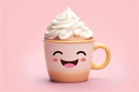 Premium AI Image Kawaii Cup Of Hot Cocoa With A Whipped Cream Smile White Background AI Generated