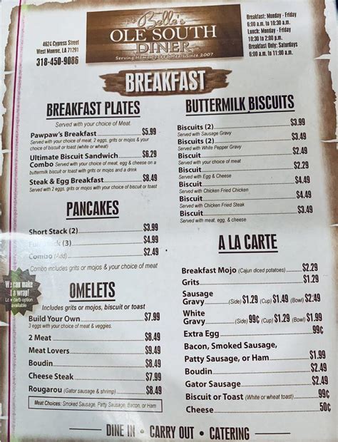 Menu At Belles Ole South Diner Restaurant West Monroe 4624 Cypress St