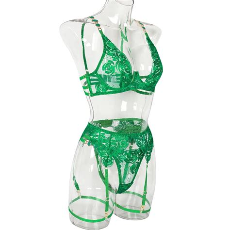 Jewel Shoulder Strap Lace Lingerie Set 3 Piece Garter Bilizna Set Vixen Dress