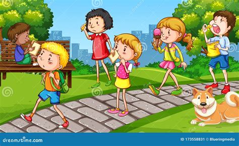 Scene with Many Children Walking in the Park Stock Vector ...