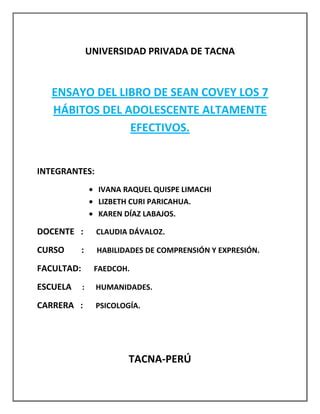 Ensayo Del Libro De Los 7 Habitos Del Adolescente Altamente Efectivos PDF