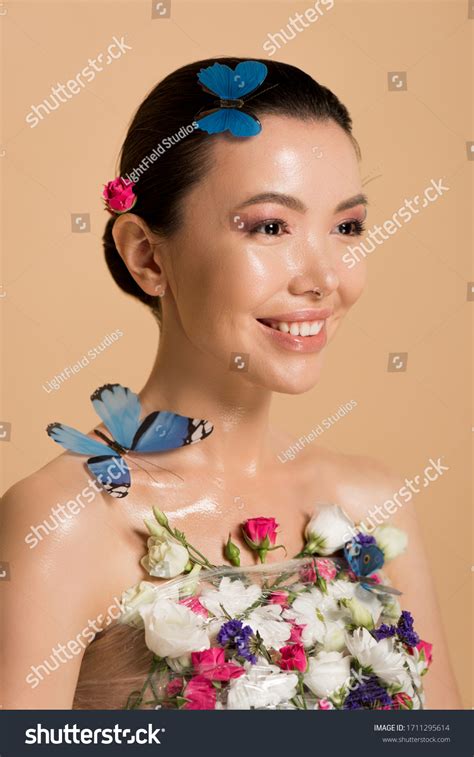 Smiling Naked Asian Girl Flowers Butterflies Stock Photo 1711295614 Shutterstock