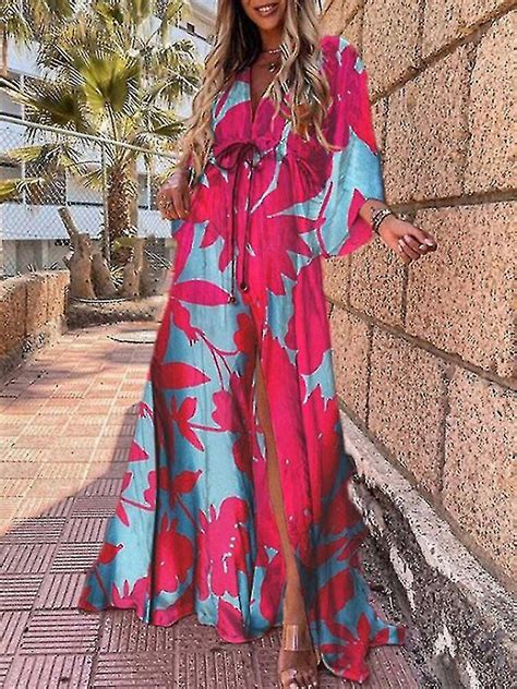 Sommar Maxi klänning för kvinnor Boho Print Bikini Cover Ups Beach Sundress Sexig blommig tunika