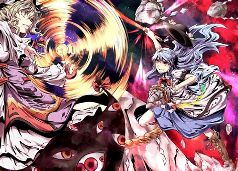 Girls Blonde Hair Blue Hair Boots Bow Dress Food Fruit Hat Hinanawi Tenshi Kneehighs Long Hair