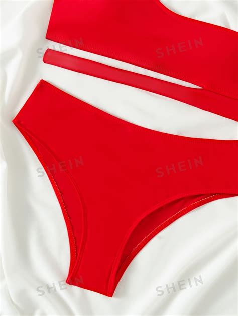 Shein Swim Basics Solid Bikini Set Cut Out One Shoulder Top Bikini Bottom Piece Bathing Suit