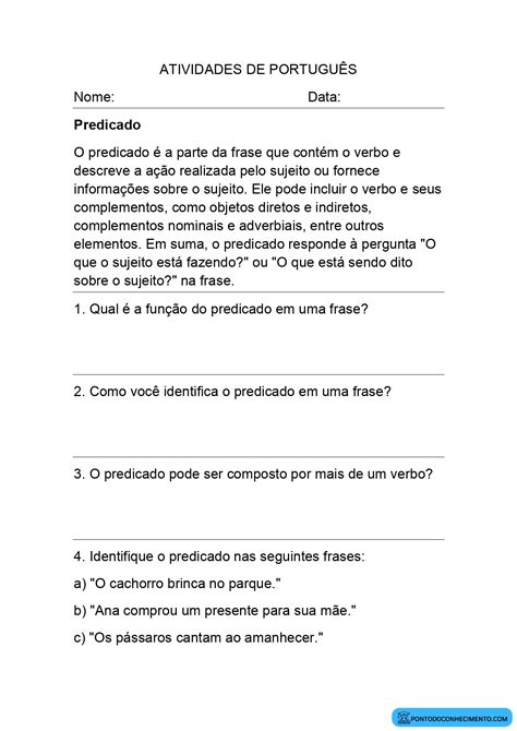 Atividade Sobre Tipos De Predicado Com Gabarito - RETOEDU