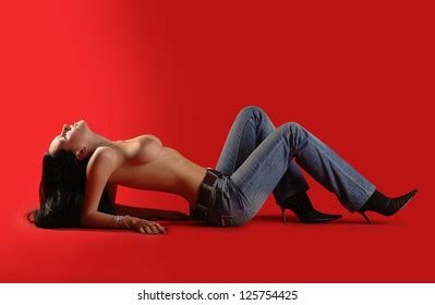 Sexy Naked Woman Jeans Red Background Stock Photo Shutterstock