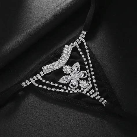 Sexy Bling Butterfly Panties Thong Rhinestone Women Jewelry Bikini Party Crystal Black Underwear