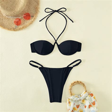 BONIXOOM Two Piece Swimsuit For Women Underwire Elastic Solid Bikinis Bikini Summer Swimwears On