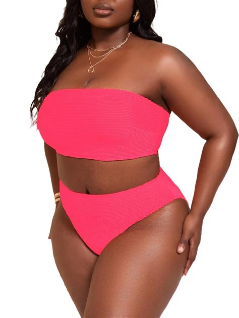 Swimming Beach Plain Bandeau Pink Plus Size Bikini Sets Xl Walmart