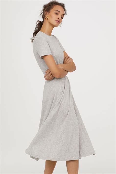 Light Gray Melange Calf Length Dress In Jersey With Short Sleeves