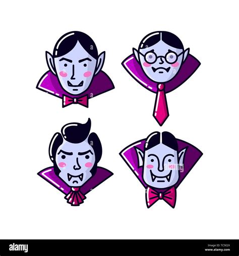 Halloween Character Dracula Vampire Flat Line Style Set Of Vector