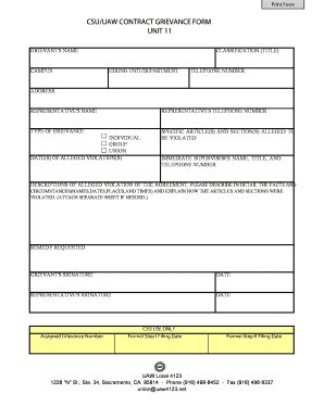 Fillable Online Calstate CSU UAW CONTRACT GRIEVANCE FORM UNIT 11 Fax