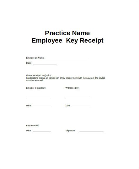 Printable Key Receipt Acknowledgement Form