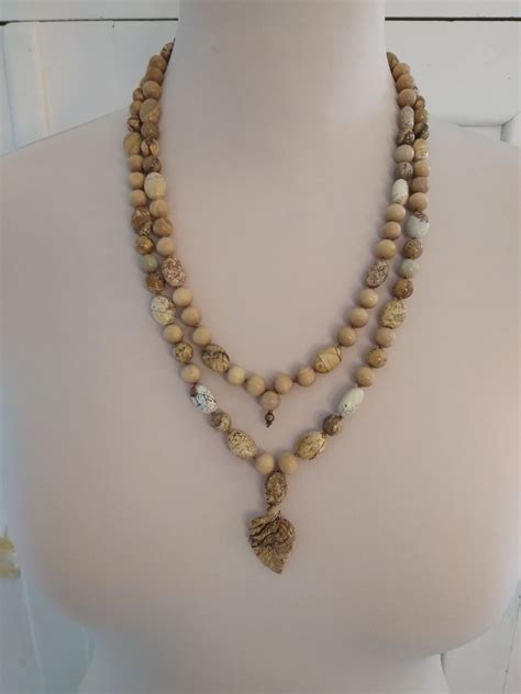 Landscape Jasper and Sandalwood Mala, Anchorage Mala, Leaf Mala
