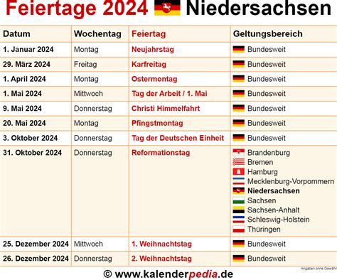 Feiertage Niedersachsen 2024 - Kalenderpedia