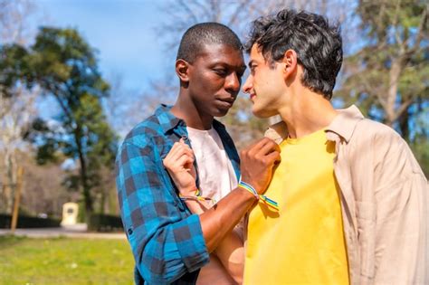 Pareja Masculina Gay Multi Tnica En Un Paseo Rom Ntico En El Concepto Lgbt Del Parque Foto Premium