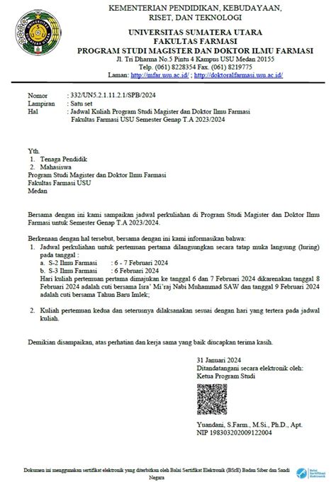Jadwal Kuliah Program Studi Magister Dan Doktor Ilmu Farmasi Fakultas