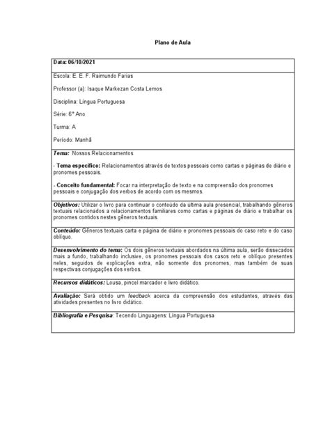 Plano De Aula Portugues 6 Ano Pdf - Plano de Aula - Português 6° Ano 06 de Outubro - 2021 | PDF