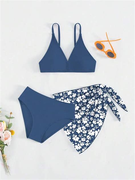 Shein Chicas Adolescentes Unicolor Ba Ador Bikini Con Con Estampado