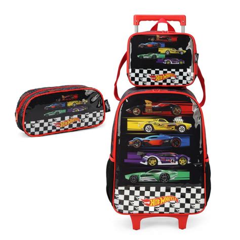 Kit Mochila De Rodinha Hot Wheels Veiculos Lancheira Estojo Papelaria Pigmeu