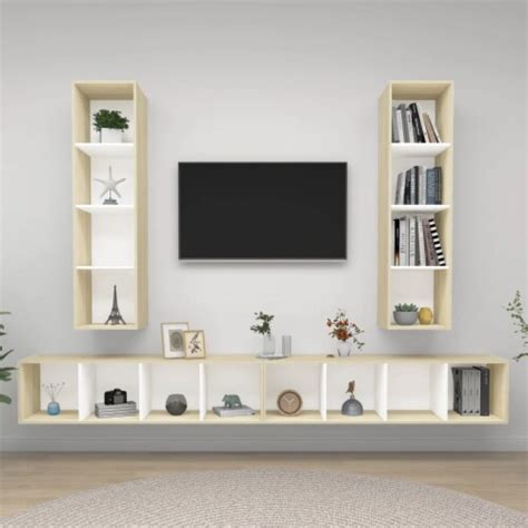 Vidaxl Wall Mounted Tv Stands Pcs White And Sonoma Oak Engineered