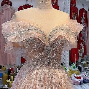 Pastel Nude Pink Sparkly Beaded Queen Style Sleeves A Line Wedding Prom Dress With Glitter Tulle