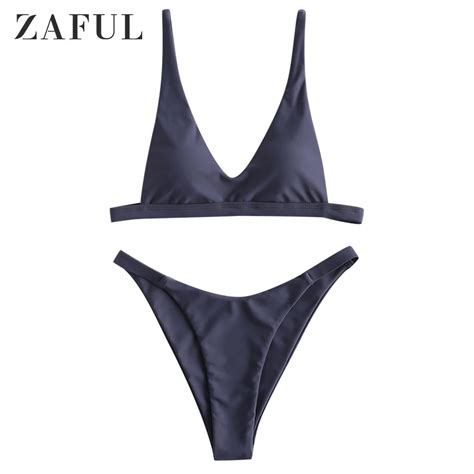 ZAFUL acolchado Plunge High Cut Bikini Set mujeres traje de baño Biquini Tanga Biquini Conjunto