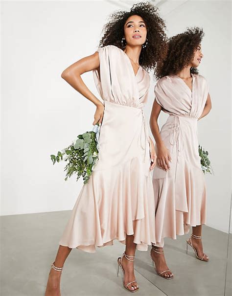 Asos Design Bridesmaid Satin Wrap Midi Dress With Ruched Detail In Blush Asos