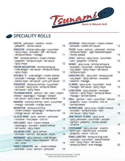 Menu At Tsunami Sushi And Hibachi Restaurant Sarasota