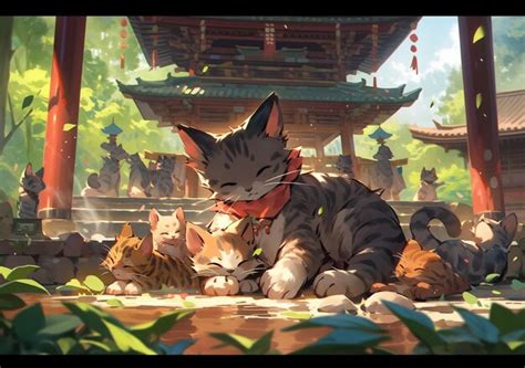 Premium Photo | Anime cat sitting on the ground with other cats in ...