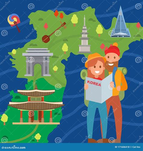 Couple of Travelers on Background Korea Map Vector Illustration. Young