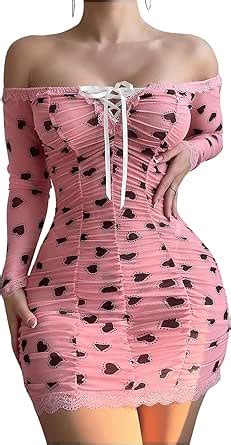 Amazon Shenhe Women S Piece Heart Print Off Shoulder Lace Up Ruched Lace Lingerie Dress