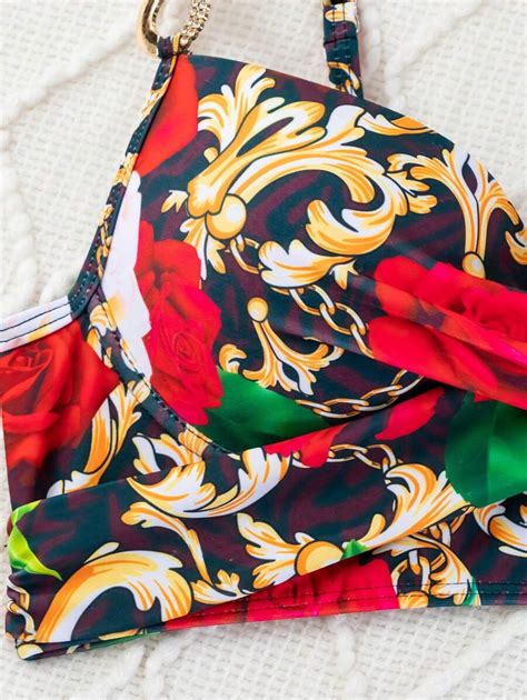 Women Pool Vacation Floral Print Link Chain Connected Bikini Swimwear Top Single Top SHEIN EUR