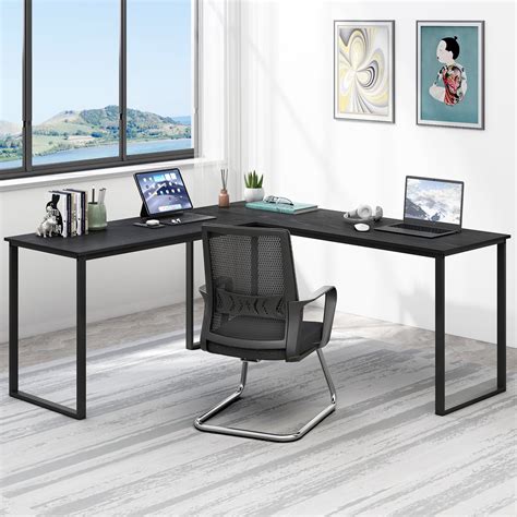 "SYNGAR L-Shaped Industrial Office Corner Desk, 58"" Study & Gaming Table, 2 Person Workstation ...