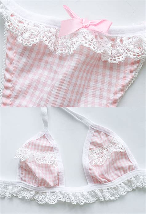 Sexy Lingerie Set Lace Up Ruffle Lace Decorated Halter Plaid Bra And Panty Set Top Quality
