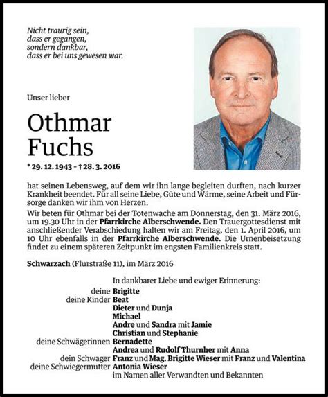 Todesanzeigen Von Othmar Fuchs Todesanzeigen Vorarlberger Nachrichten