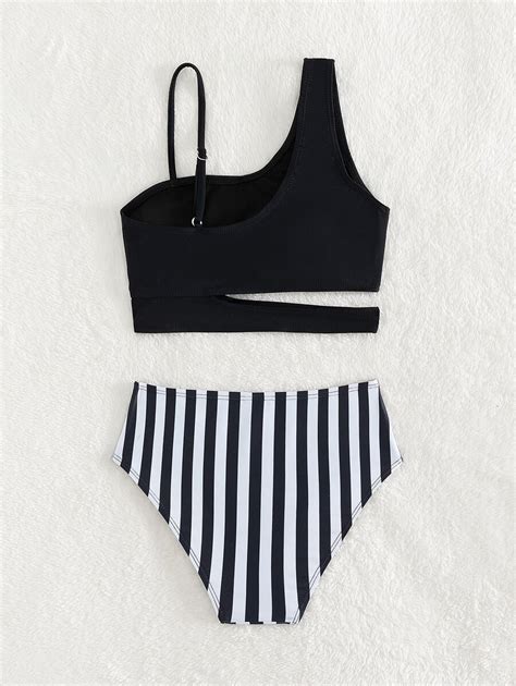 Conjunto de Maiô Bikini Assimétrico Recortes e Listras para Meninas Adolescentes Verão