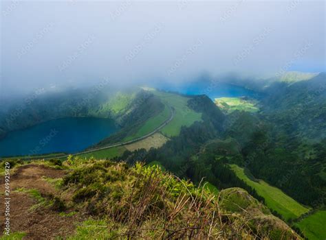 Stunning View On Volcanic Lakes Green Lagoa De Santiago And Blue Lagoa