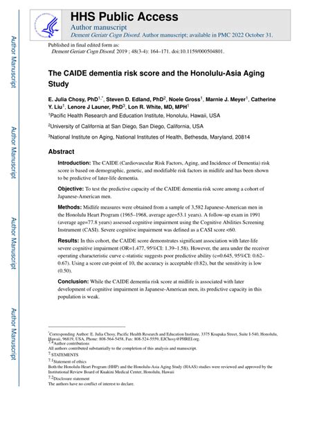 Pdf The Caide Dementia Risk Score And The Honolulu Asia Aging Study