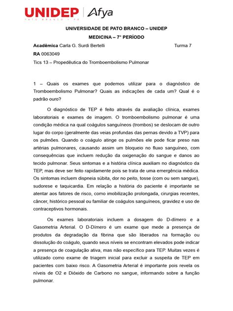 Tics 13 Propedêutica Do Tromboembolismo Pulmonar Pdf Sistema