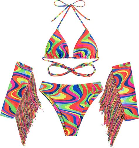 Imekis Women Rave Outfit Vintage Bikini Set Rainbow Bra Top With Bottom Summer Beach Holiday