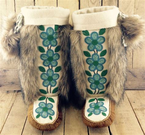 Turquoise Flowers On White Stroud On Hand Tanned Moose Hide Mukluks