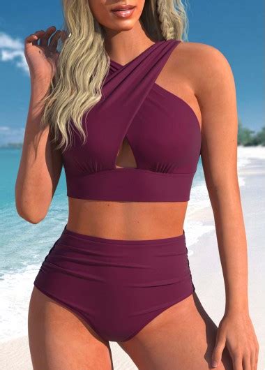 Surplice High Waisted Dark Reddish Purple Bikini Set Modlily