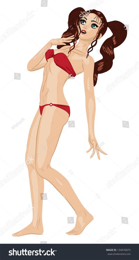 Beautiful Girl Dressed Red Bikini On 스톡 일러스트 134976875 Shutterstock