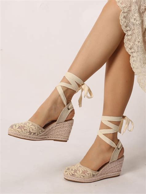 Floral Lace Tie Leg Design Espadrille Strappy Wedge Shoes